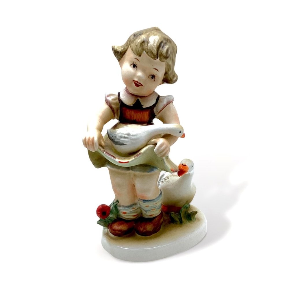 Vintage Lefton THREE FRIENDS Statuette 6 in Porcelain Girl Goose Miniature 50s